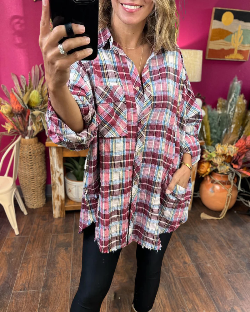 Frayed Hem Plaid Shirt