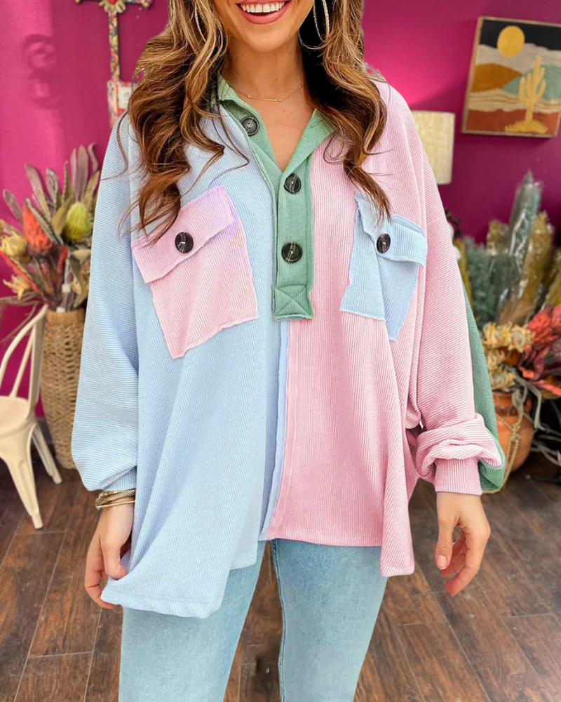 Colorblock Ribbed Button Shirt