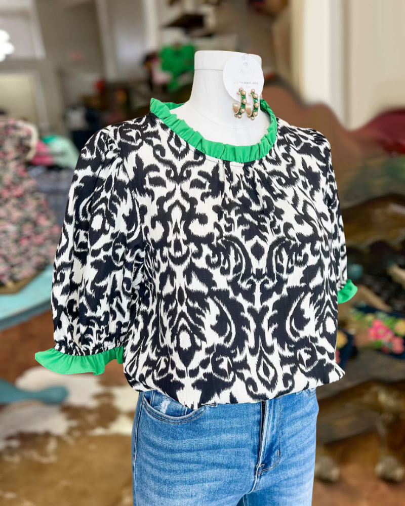 Black Abstract Ruffled Blouse