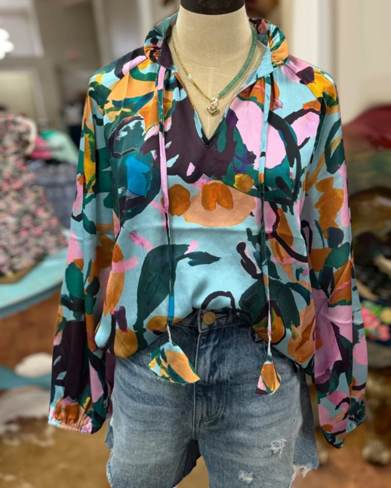 Teal Abstract Floral Blouse