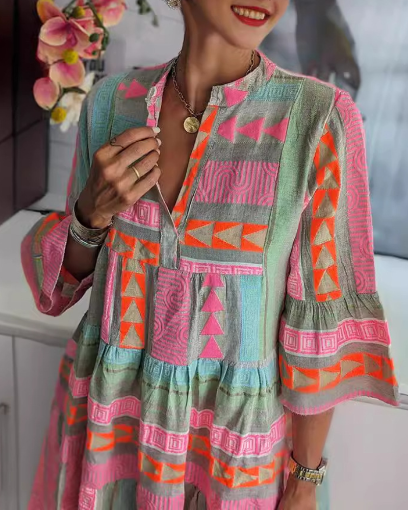 Geometric Print V-Neck Mini Dress