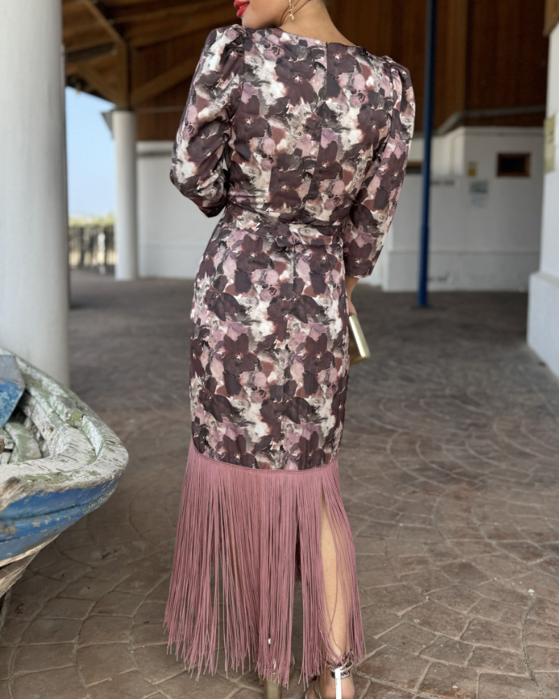 Floral Tassel V-Neck Midi Dress