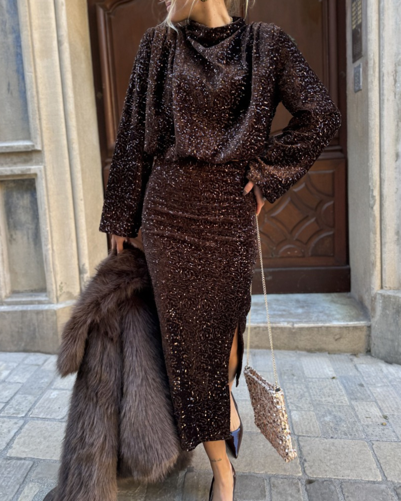 Pleated Sequined Turtleneck Top