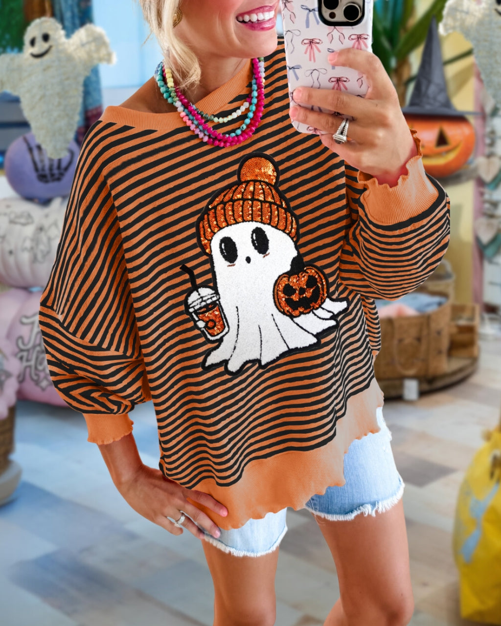 Cute Ghost Latte Sequin Striped Pullover