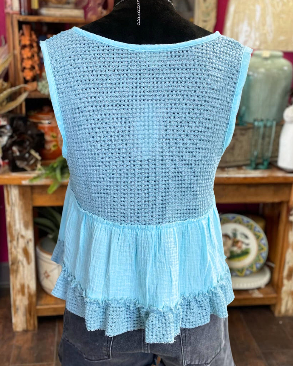 Light Blue V-neck Ruffle Tank