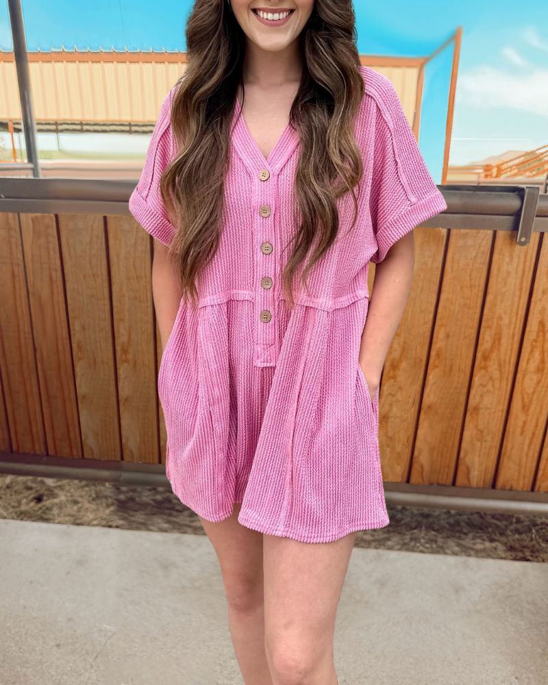 Ribbed Half Collar Button Jumpsuit