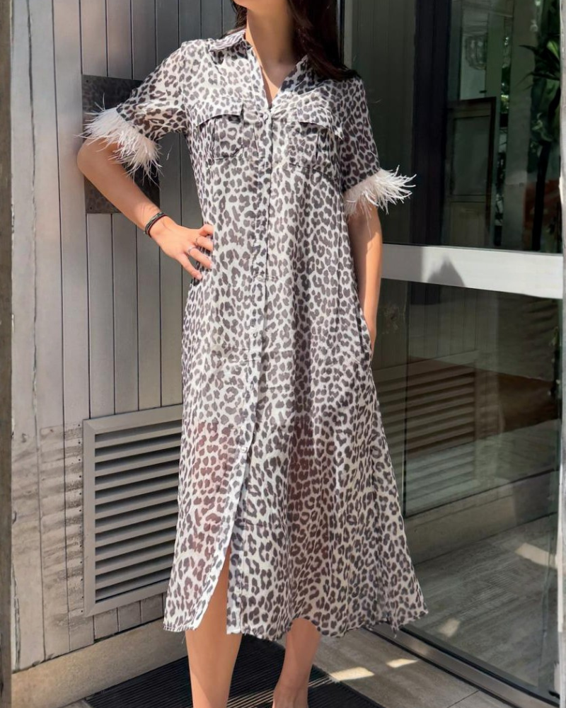 Leopard Lapel Frayed Midi Dress