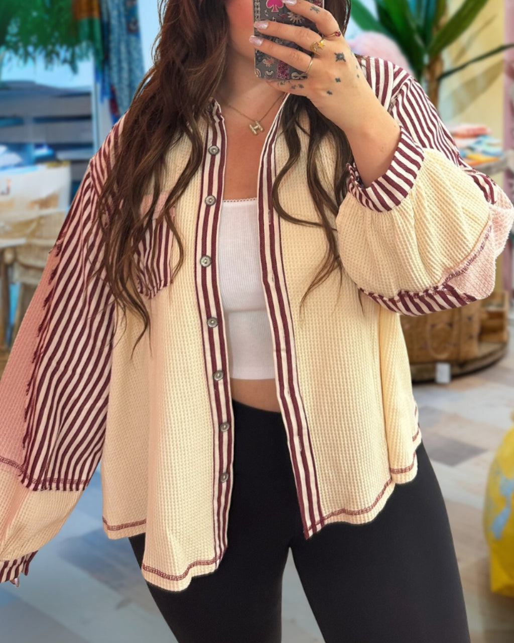 Stripe Waffle Patchwork Shirt