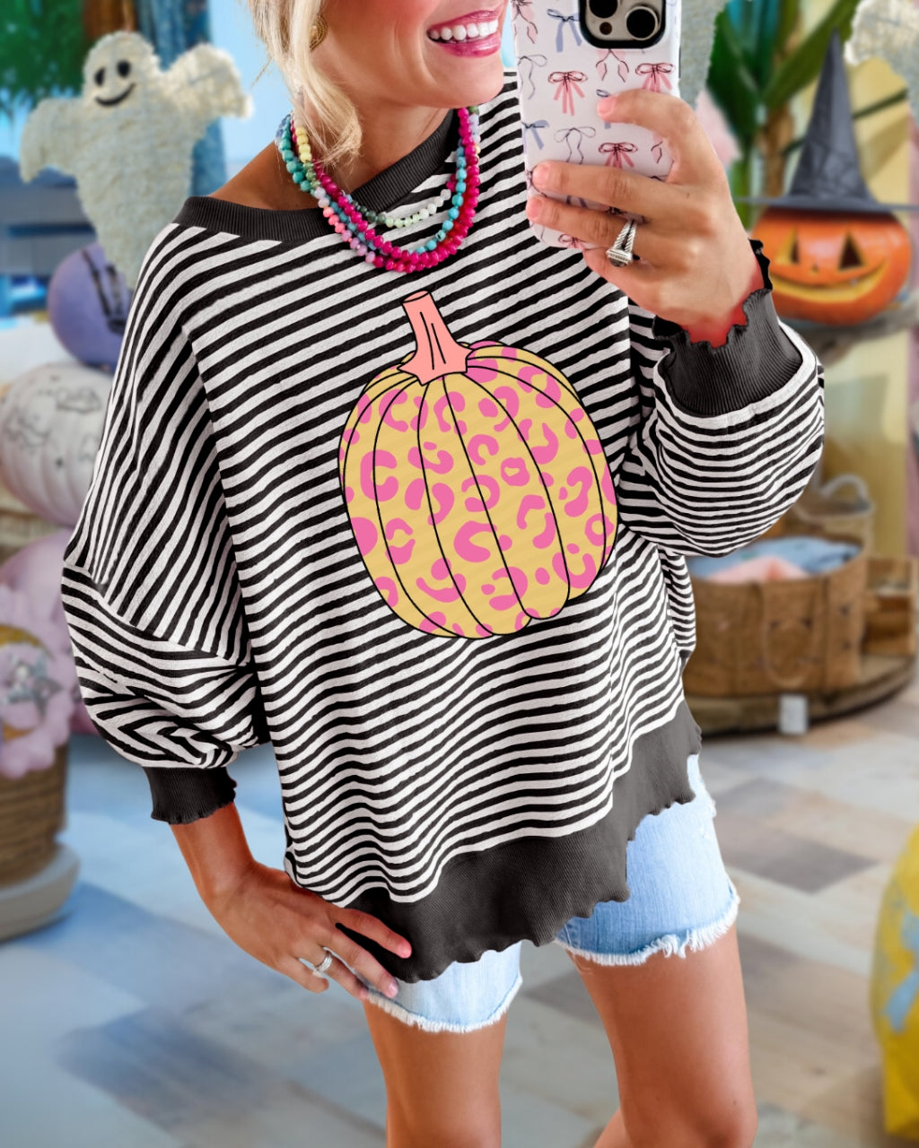 Fun Leopard Pumpkin Stripe Pullover
