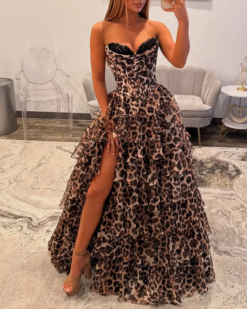 Leopard Strapless Layered Ruffle Maxi Dress