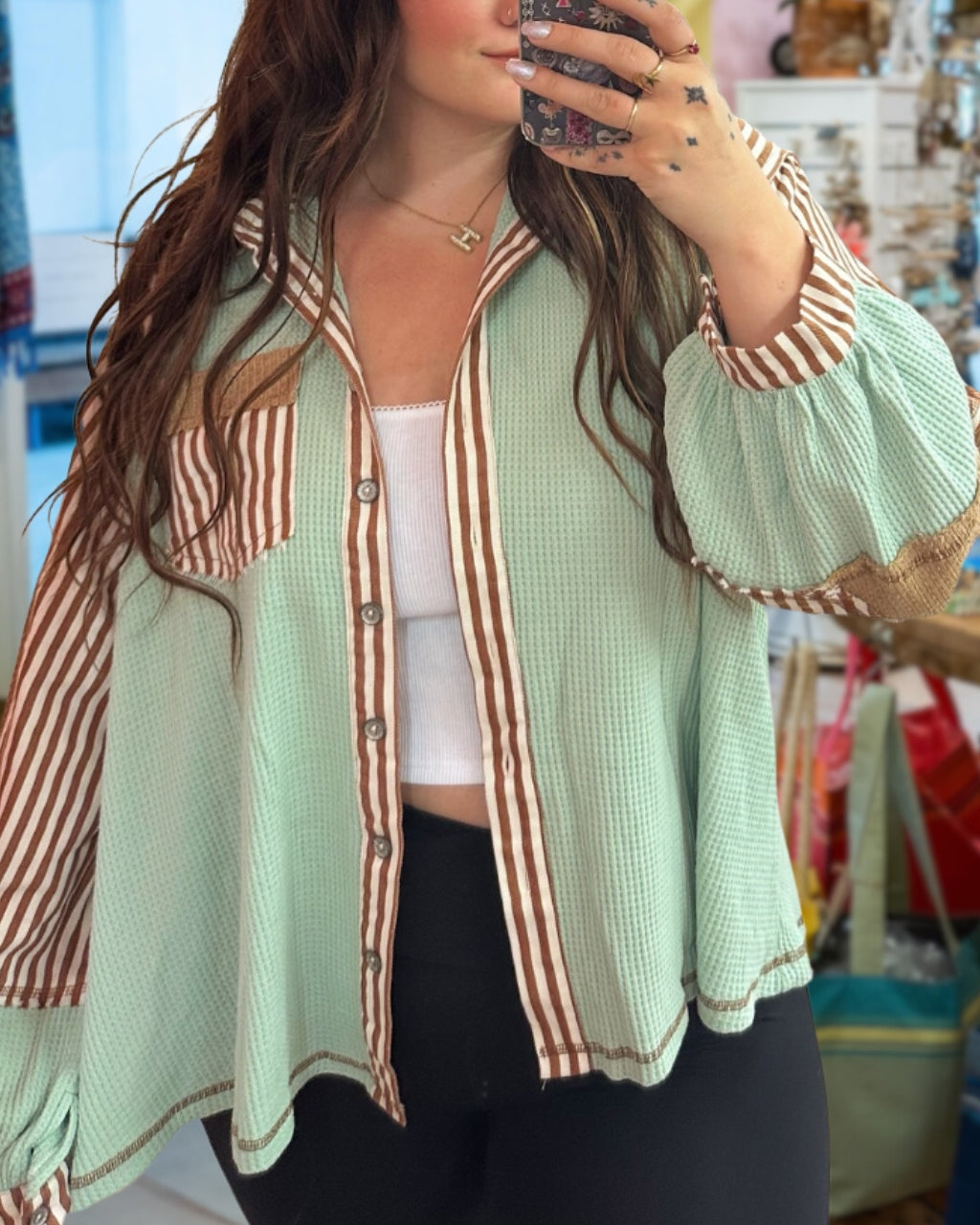 Stripe Waffle Patchwork Shirt