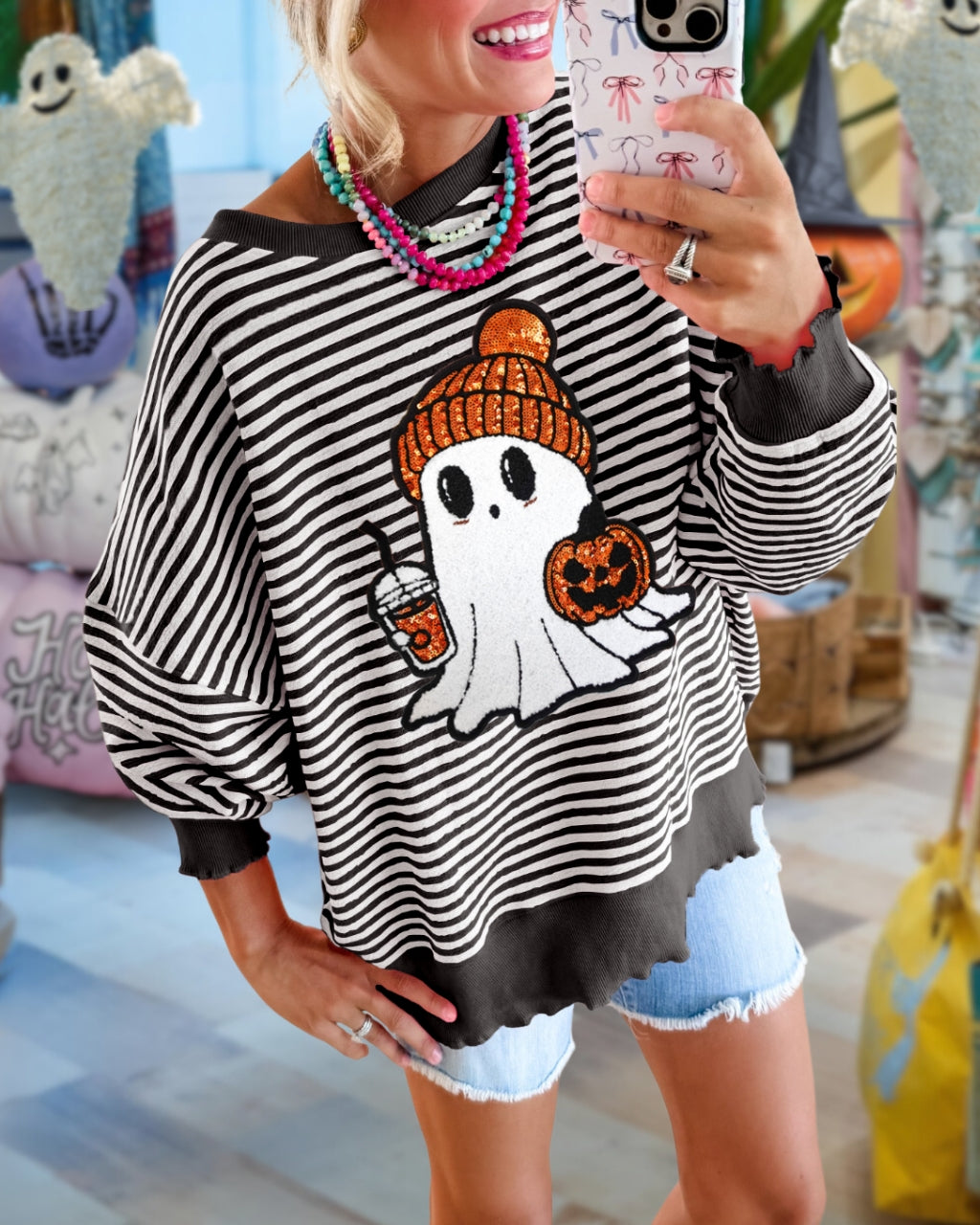 Cute Ghost Latte Sequin Striped Pullover