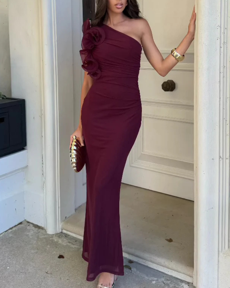 Ruffled Off-Shoulder Elastic Maxi Dress