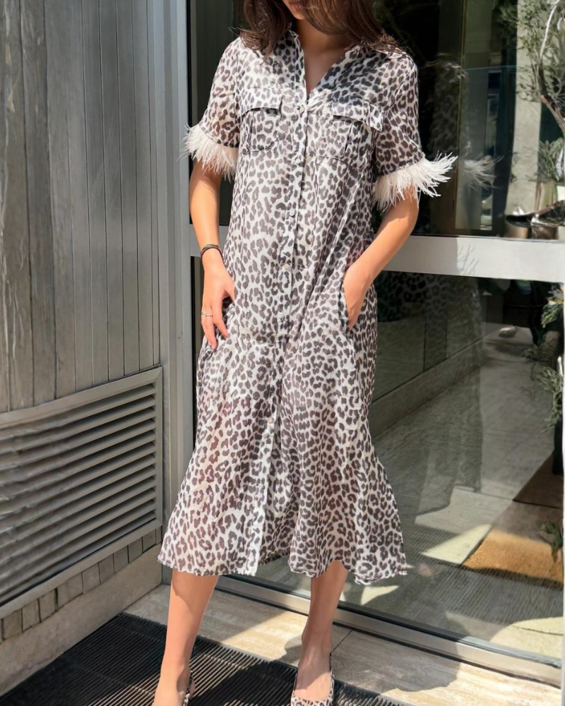 Leopard Lapel Frayed Midi Dress