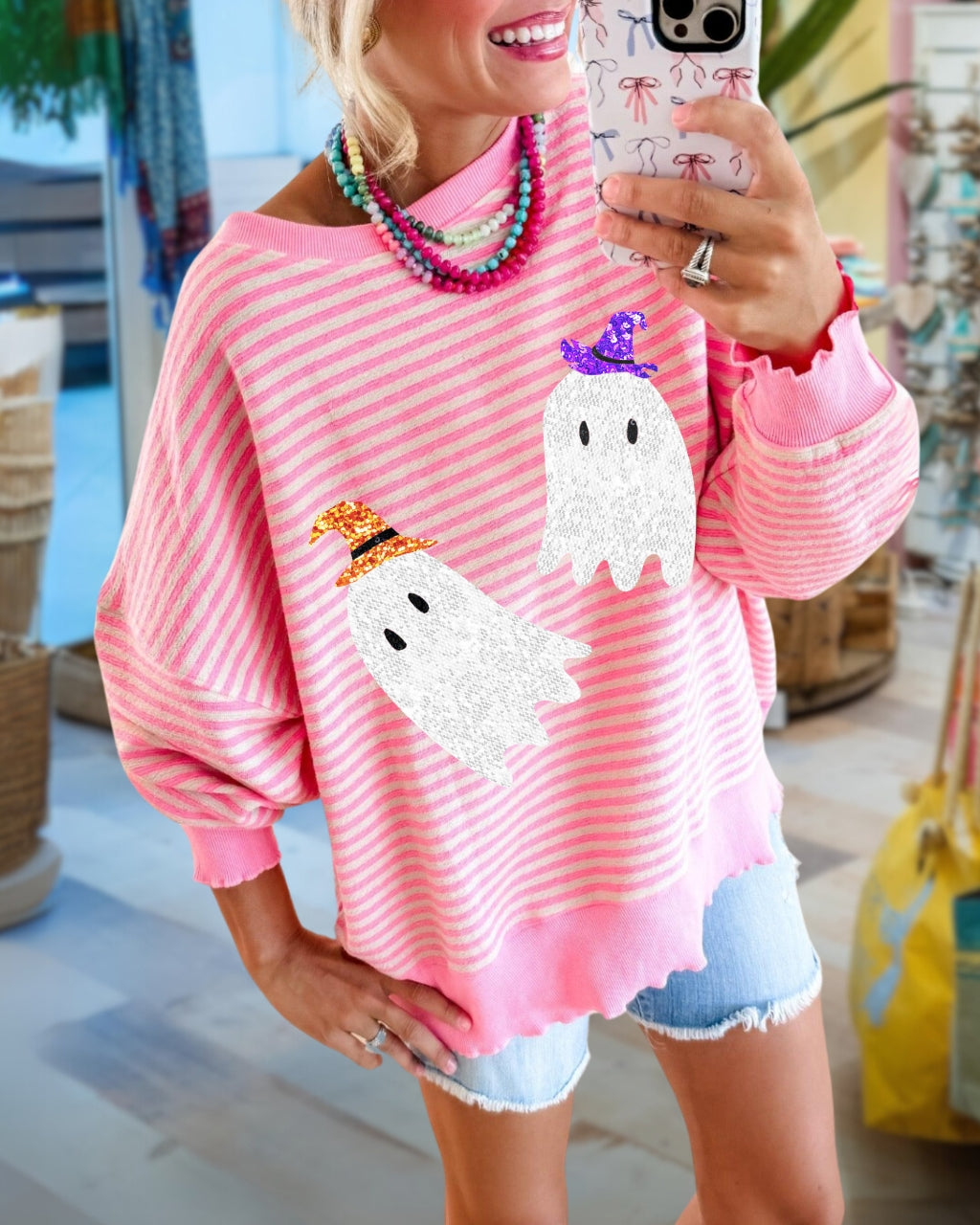 Sequin Ghost Striped Pullover
