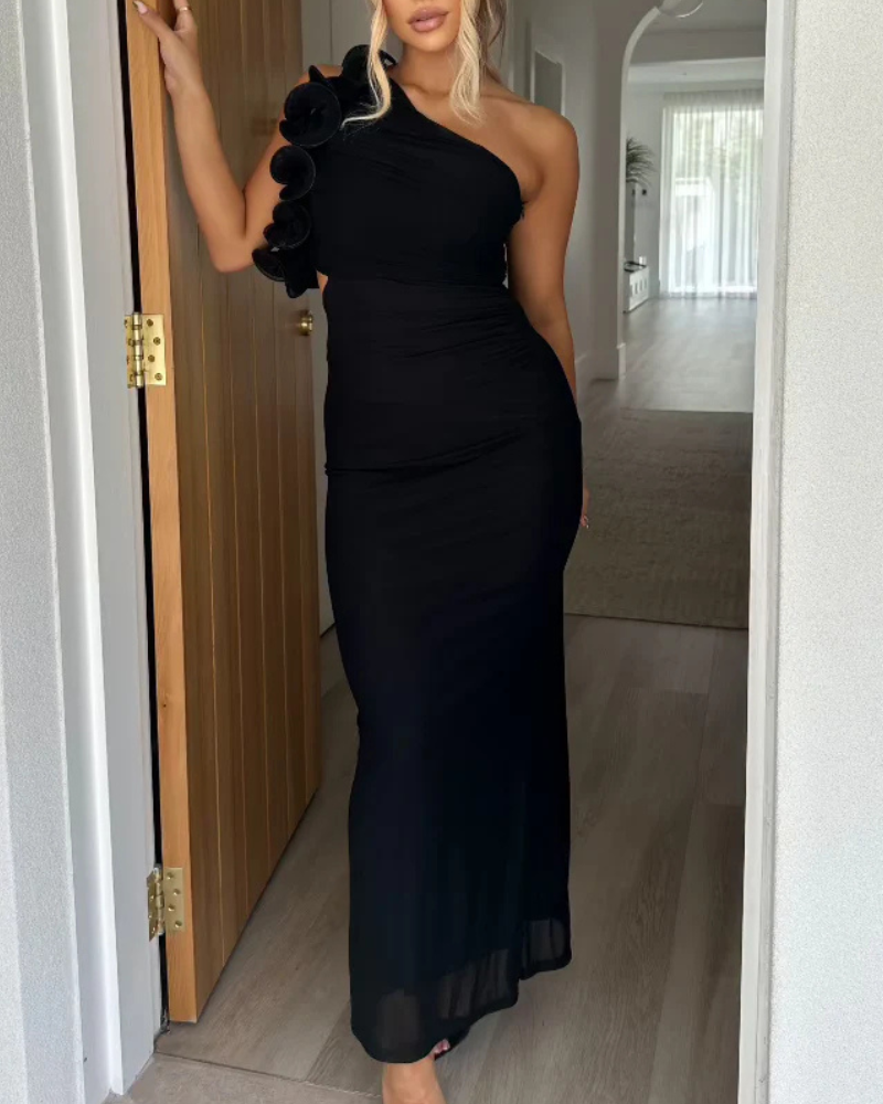 Ruffled Off-Shoulder Elastic Maxi Dress