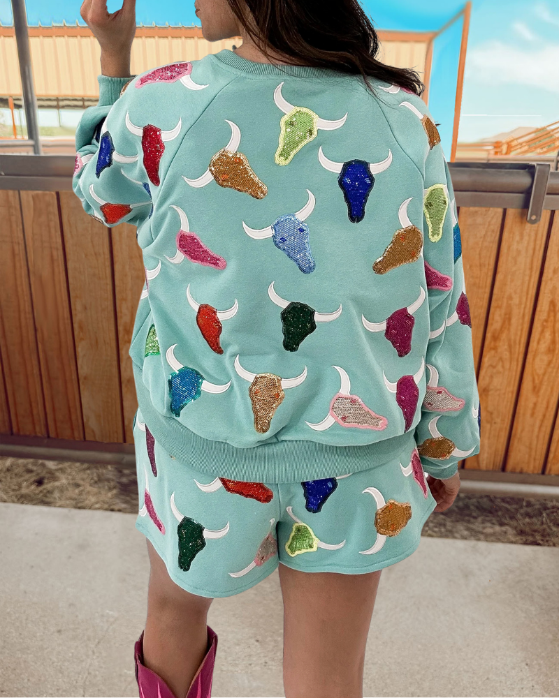 Shiny Bull Head Sequin Shorts Set