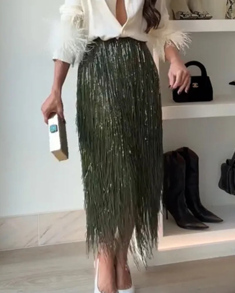 Tassel High-Waisted Midi Skirt