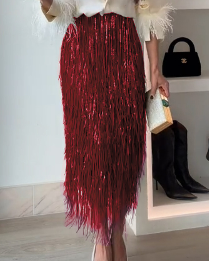 Tassel High-Waisted Midi Skirt