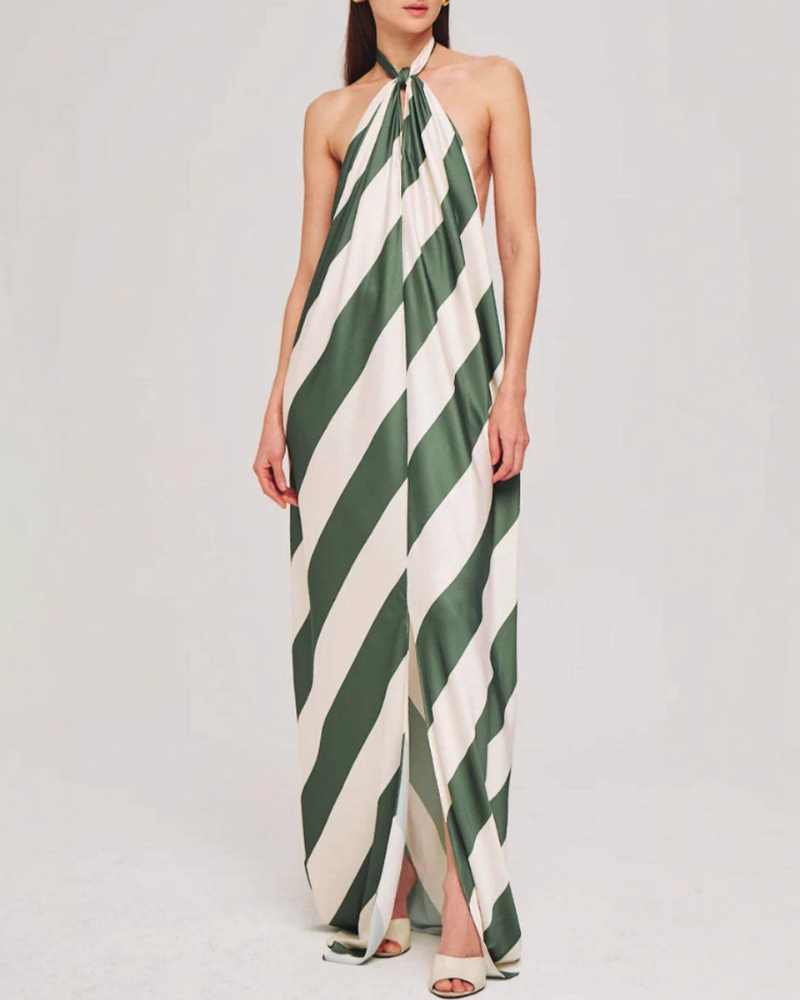 Striped Backless Satin Maxi Dress