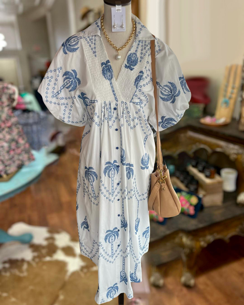 Holiday Coconut Tree Pleated V-Neck Dress