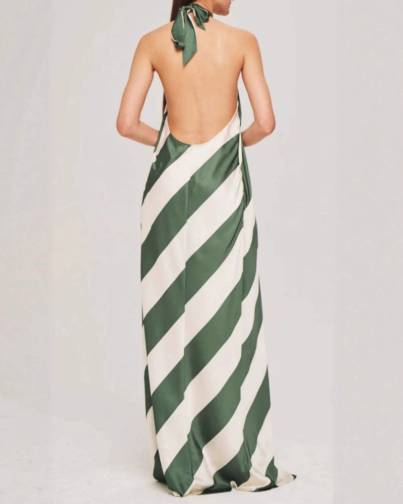 Striped Backless Satin Maxi Dress