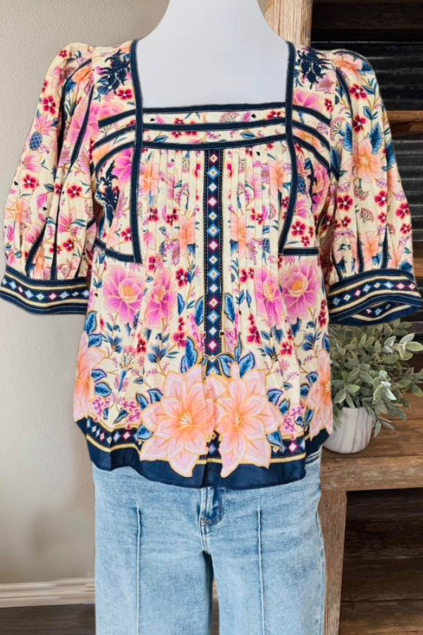 Sweet Floral Pleated Satin Top