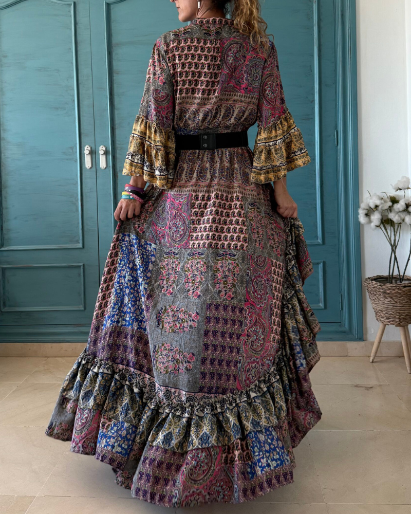 Bohemian Ruffled V-Neck Dress