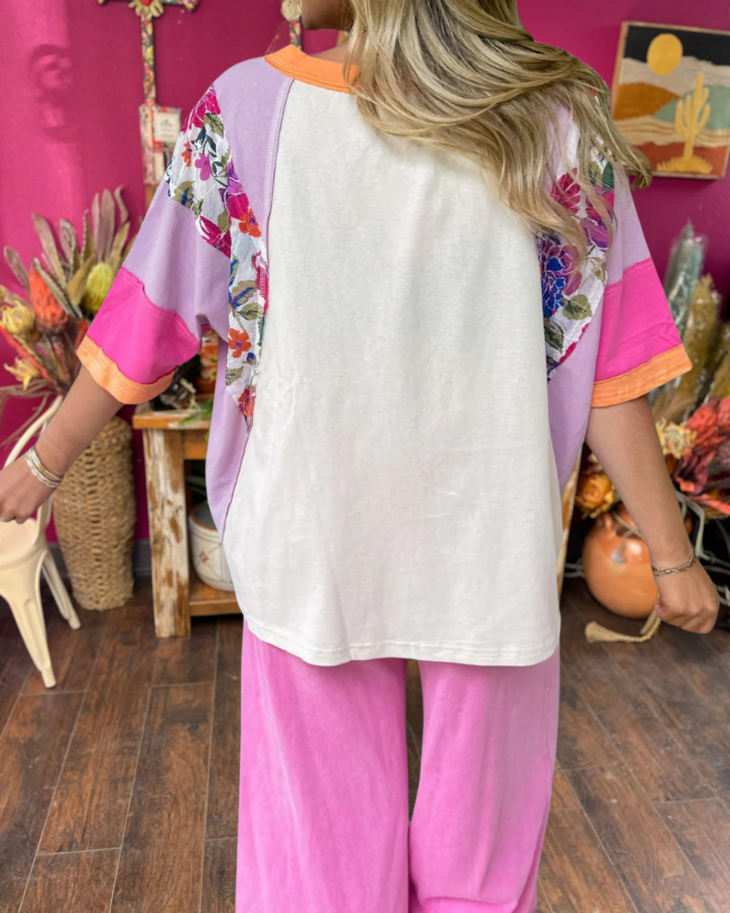 Floral Seams Color Block Oversize Tee