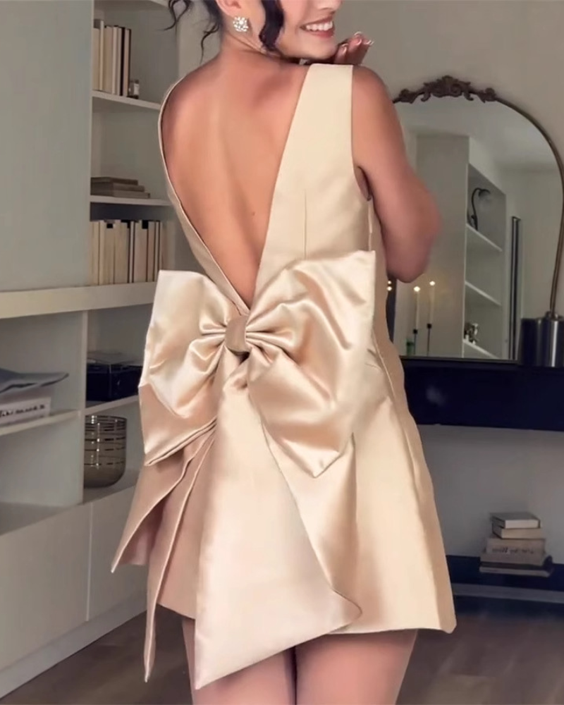 Bow Backless Satin Mini Dress