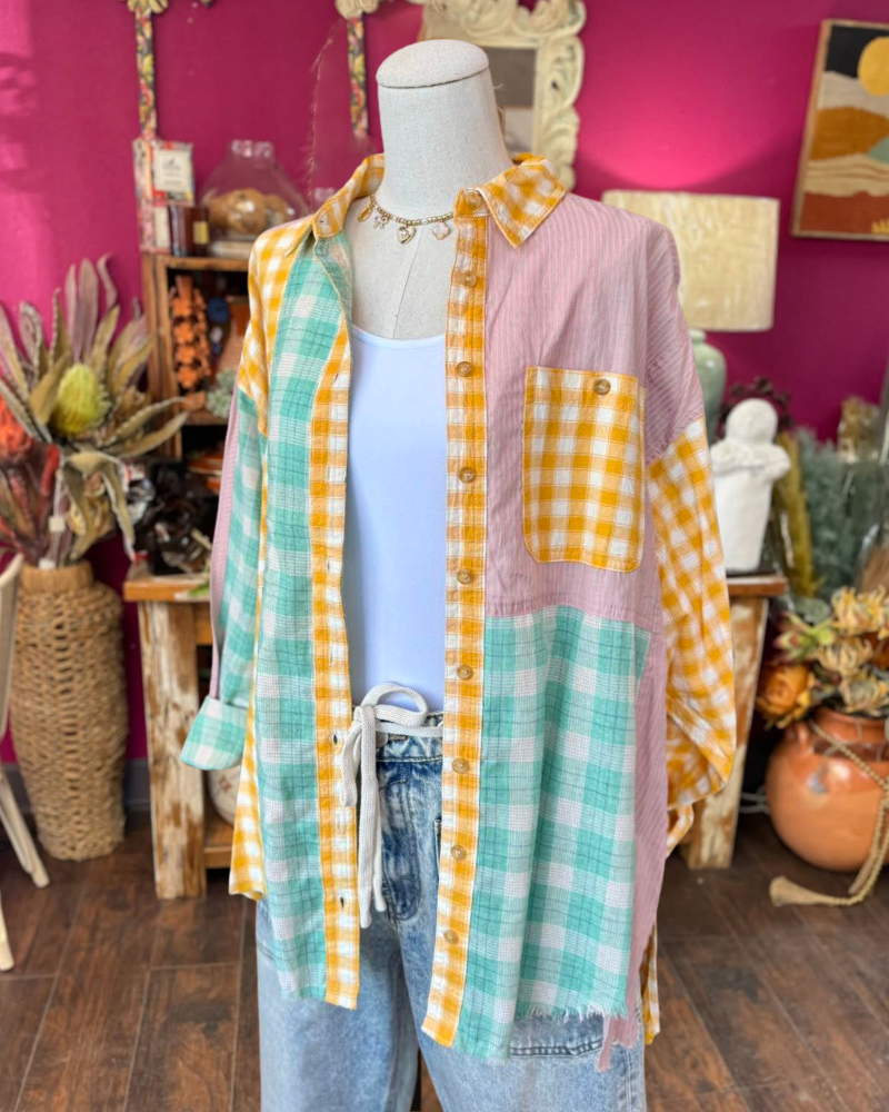 Oversized Color Block Plaid Shirt