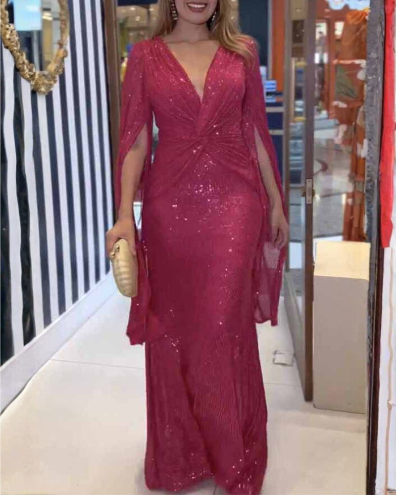 Slim Sequined V-Neck Maxi Dress