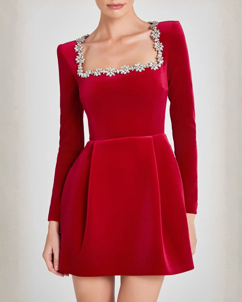 Rhinestone Square Neck Mini Dress