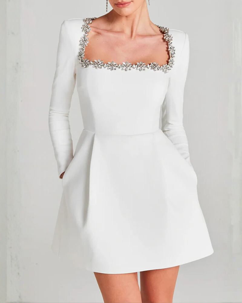 Rhinestone Square Neck Mini Dress