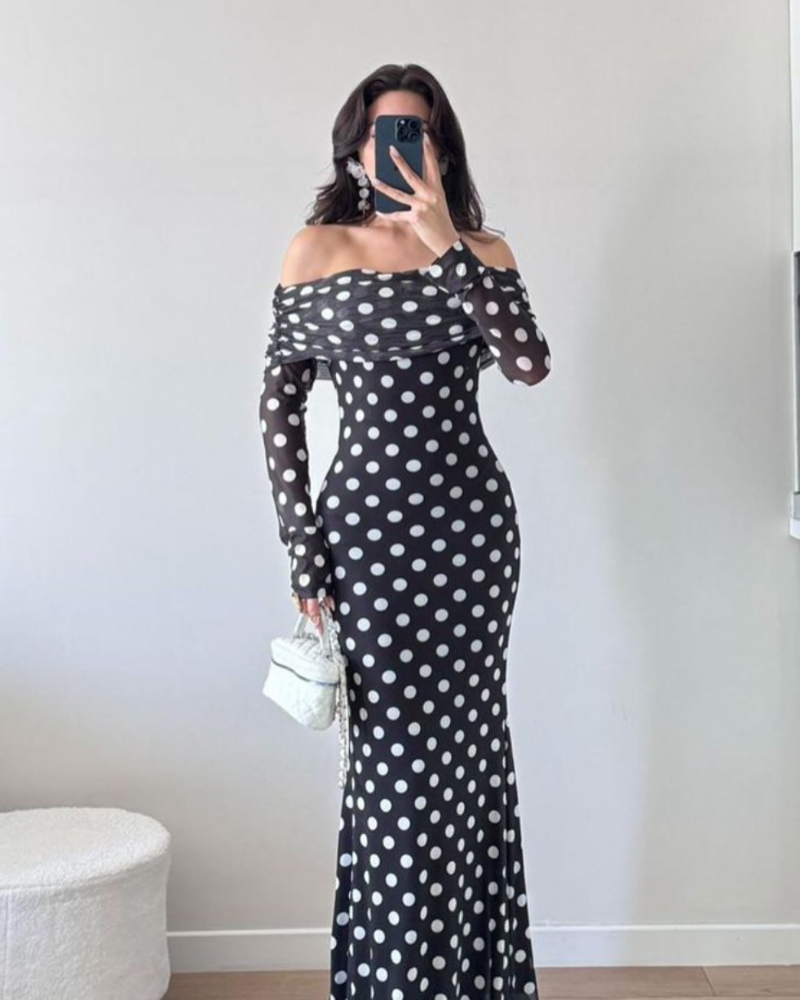 Slim Polka Dot Off-Shoulder Maxi Dress