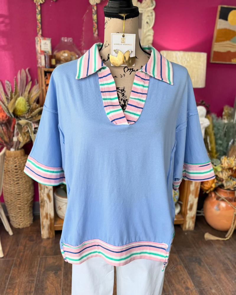 Patchwork Colorblock Stripe Trim Top