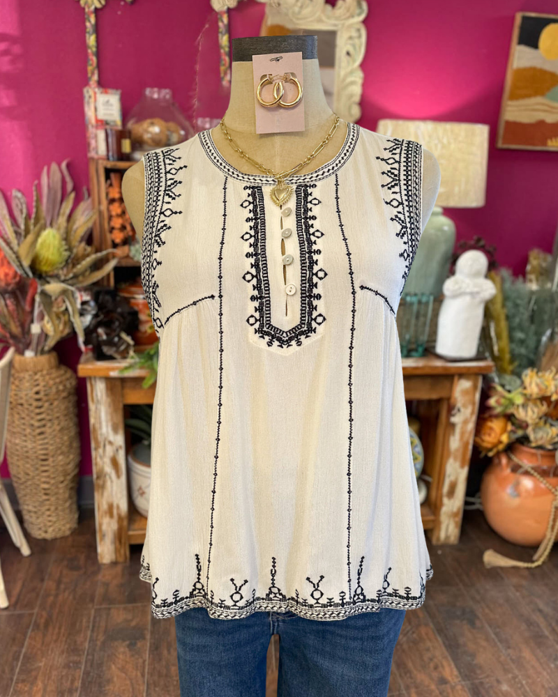 Unique Embroidered Trim Sleeveless Top