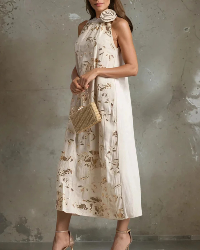 Chic Floral Crewneck Midi Dress