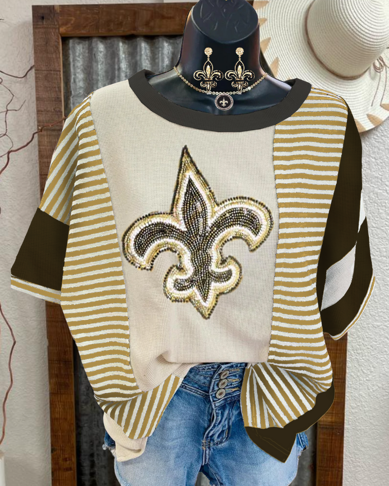 Saints Rhinestone Print Striped T-shirt