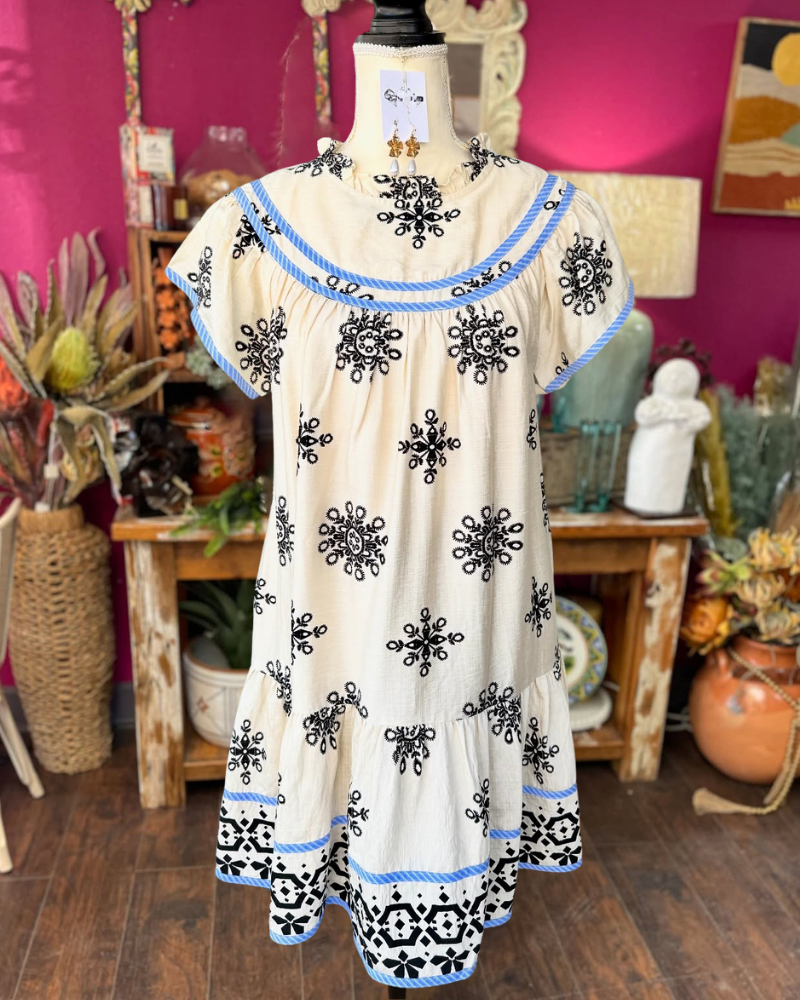 Floral Badge Stripe Trim Dress