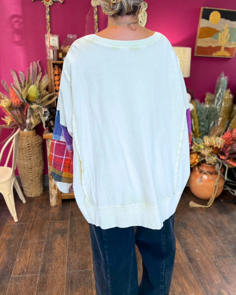 Plaid Patchwork Sleeve Pullover