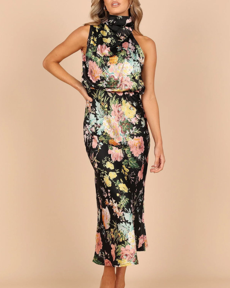 Slim Floral High-Neck Midi Dress