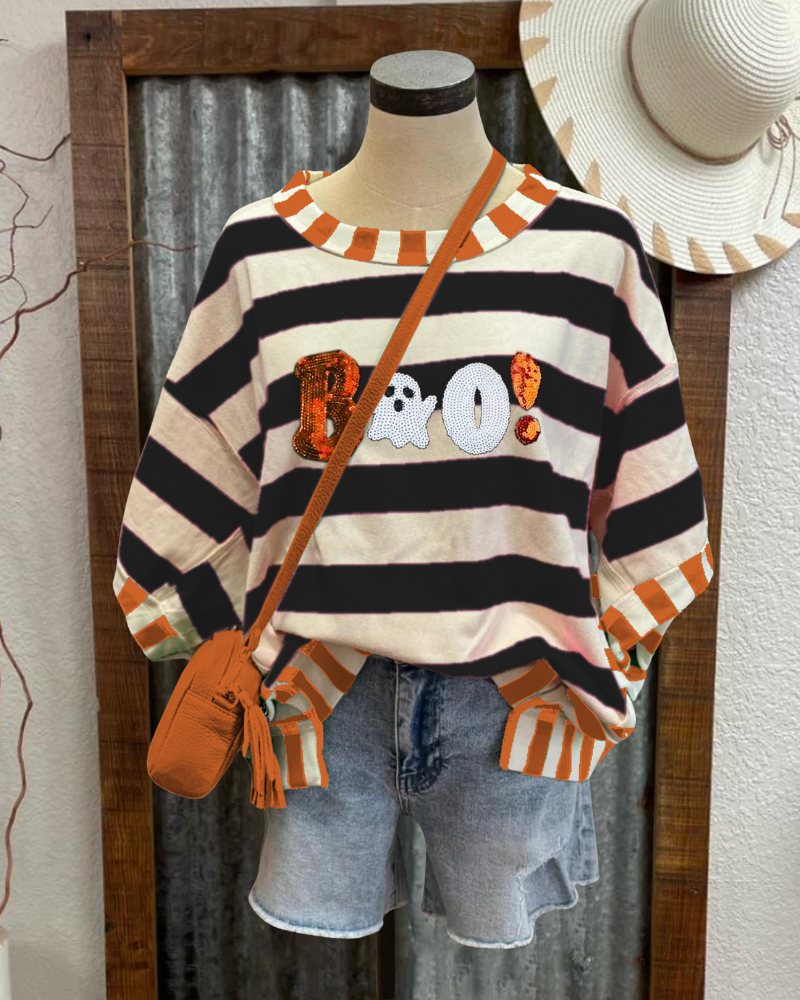 Sequin Boo Halloween Striped Top