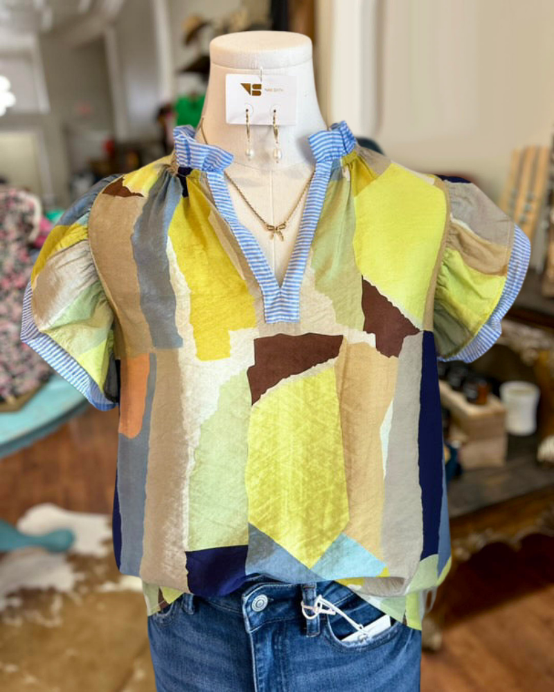 Striped Trim Abstract Irregular Print Top