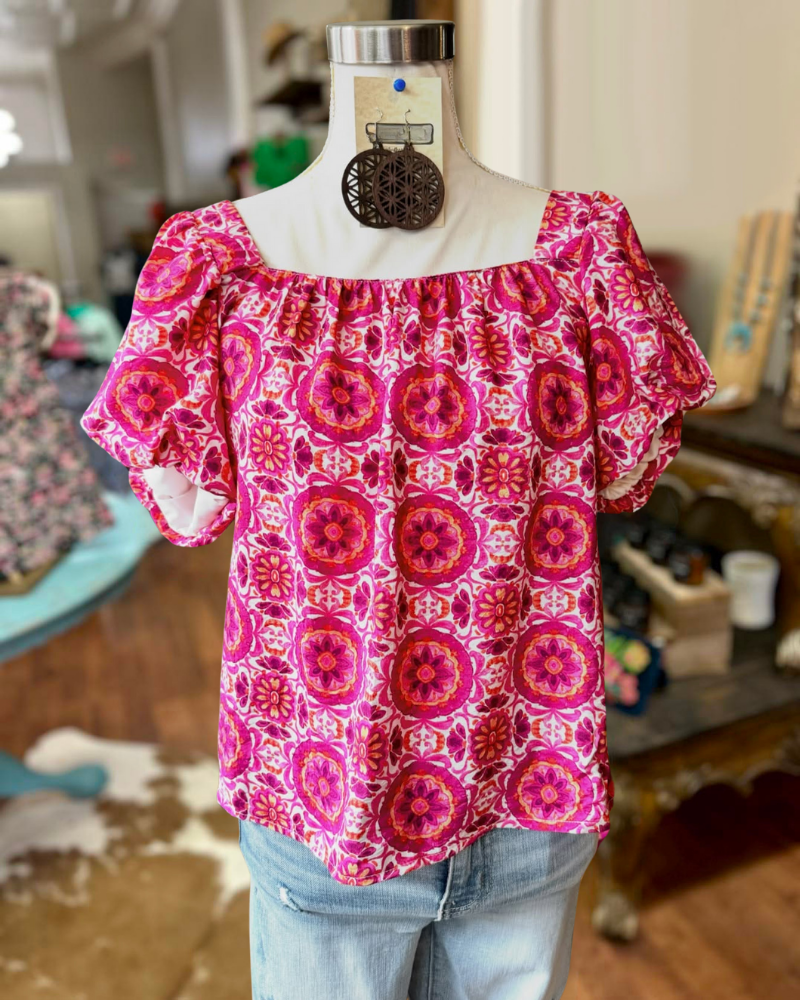 Geometric Floral Square Neck Top