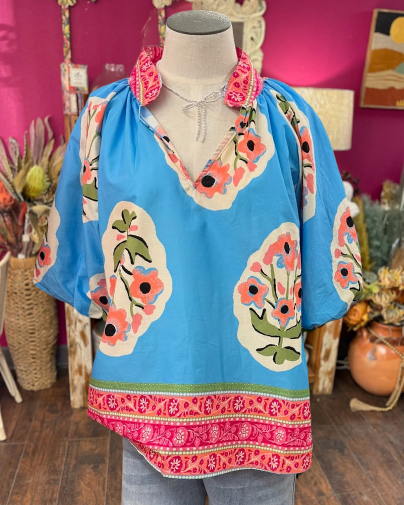 Abstract Floral Border Satin Top