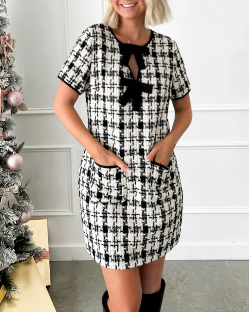 Plaid Bow Tweed Mini Dress