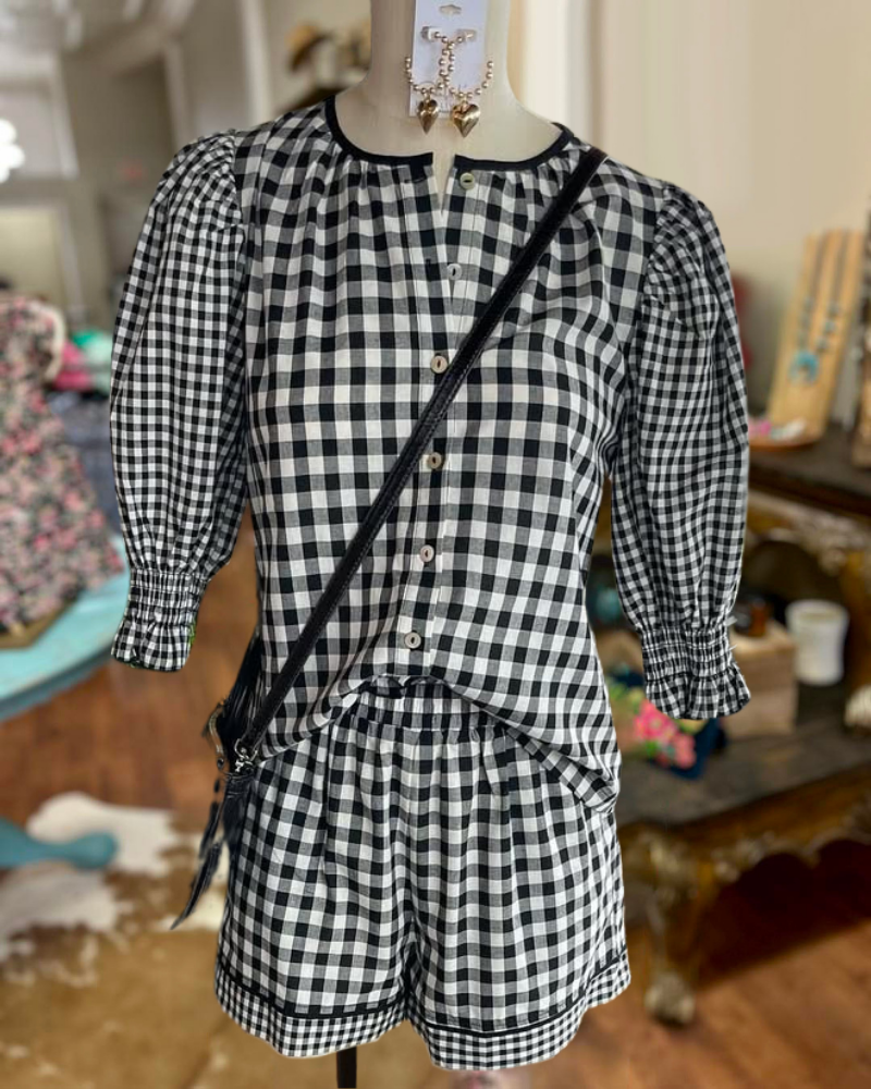 Casual Plaid Puff Sleeve Set