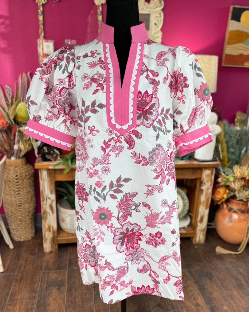 Floral Embroidered Wavy Trim Dress