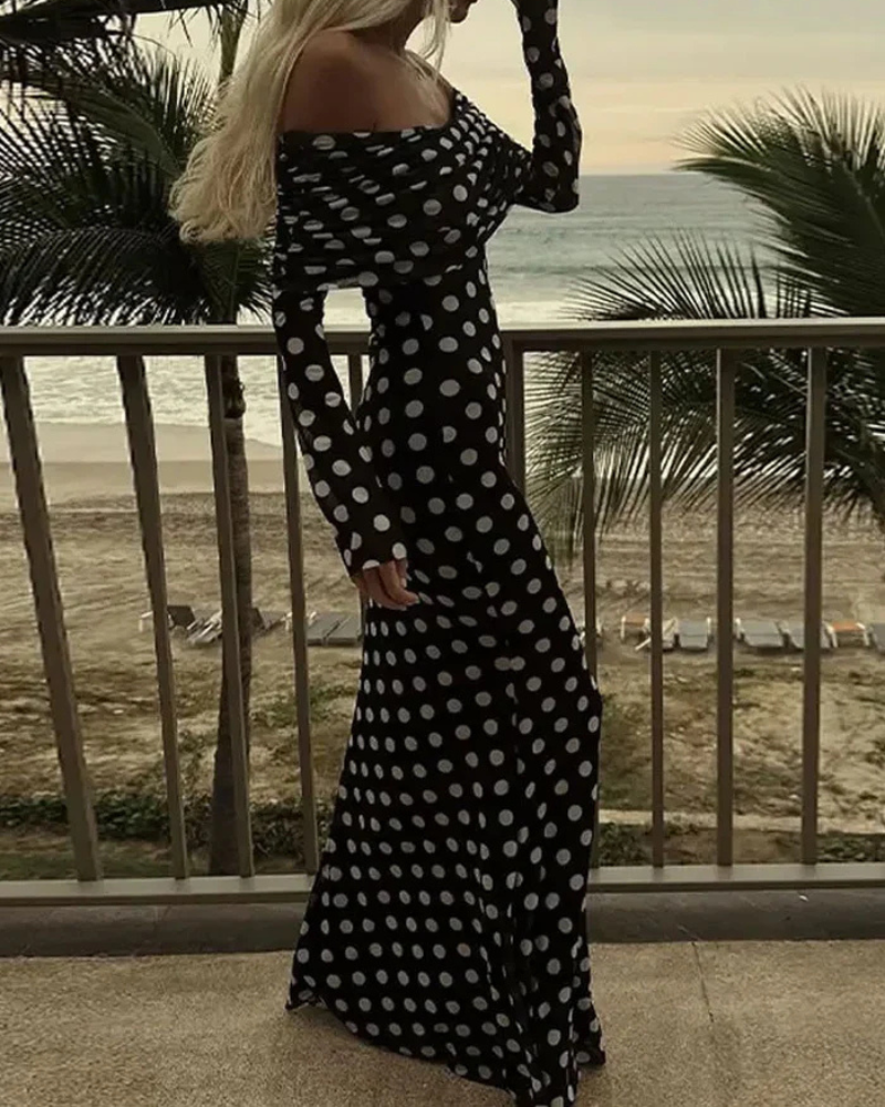 Slim Polka Dot Off-Shoulder Maxi Dress